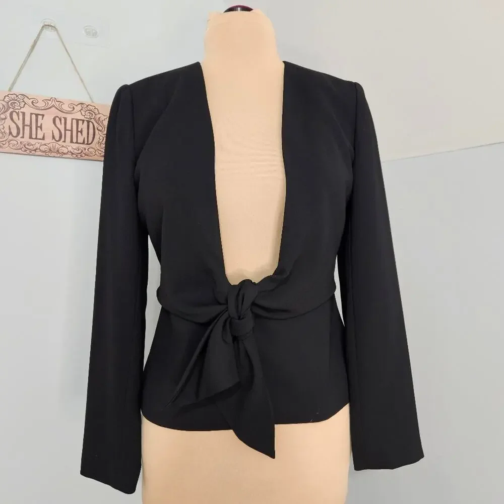 Bloomingdale’s Black Tie Front Blazer Jacket Womens Size 6 Academia Goth Minimal